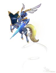  2024 absurd_res ambiguous_gender armor clothed clothing digital_media_(artwork) gold_(metal) hair hi_res hooves pal_(species) paladius palworld pocketpair ponytail rinkamo signature simple_background solo tail taur 