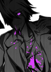  1boy blood blood_from_mouth blood_on_clothes buttons closed_mouth coat collarbone collared_coat collared_jacket commentary_request danganronpa_(series) danganronpa_v3:_killing_harmony english_commentary flame_print greyscale hand_up highres jacket lapel_pin lapels male_focus mixed-language_commentary momota_kaito monochrome notched_lapels open_clothes open_coat open_jacket pink_eyes scythe-of-petals shirt short_hair smile solo spiked_hair spoilers spot_color upper_body white_background 