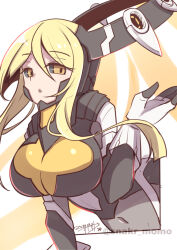  azure_striker_gunvolt azure_striker_gunvolt_2 black_bodysuit black_sclera bodysuit breasts colored_sclera dated desna highres large_breasts nike_(gunvolt) sano_akira signature twitter_username yellow_bodysuit yellow_eyes 