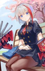  absurdres admiral_graf_spee_(azur_lane) admiral_graf_spee_(girl&#039;s_sunday)_(azur_lane) azur_lane bag_of_chips black_dress blue_eyes breasts brown_pantyhose buttons chips_(food) collared_dress double-breasted dress feet_out_of_frame female food highres looking_at_viewer medium_breasts multicolored_hair necktie official_alternate_costume outdoors pantyhose red_hair red_necktie short_hair short_necktie short_sleeves sitting snack solo streaked_hair tree white_hair wuyu_cr 