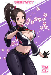  black_gloves black_jacket black_pants breasts brown_eyes brown_hair cherry_blossom_print cherry_blossoms cleavage commentary_request cowboy_shot cropped_jacket fatal_fury fatal_fury:_city_of_the_wolves female floral_background floral_print gloves hair_ornament hand_fan high_ponytail highres holding holding_fan jacket kkzk61539201 large_breasts leather leather_jacket leather_pants long_hair looking_at_viewer midriff navel official_alternate_costume open_mouth pants parted_bangs partially_unzipped print_jacket shiranui_mai signature solo twitter_username zipper 