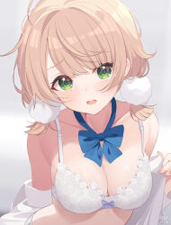  bare_shoulders blonde_hair blue_bow blue_bowtie blush bow bowtie bra breasts cleavage commentary deyui embarrassed female green_eyes hair_ornament highres indie_virtual_youtuber looking_at_viewer low_twintails medium_breasts off_shoulder open_clothes open_mouth open_shirt pom_pom_(clothes) pom_pom_hair_ornament shigure_ui_(vtuber) short_hair short_twintails solo symbol-only_commentary twintails underwear virtual_youtuber white_bra 