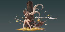  absurdres art_study ascot bare_legs bloodborne blue_eyes cape chair coat female gem gloves hat hat_feather highres lady_maria_of_the_astral_clocktower long_hair photo-referenced ponytail rakuyo_(bloodborne) solo user_cfaw2848 white_hair 