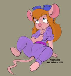  barefoot blonde_hair blue_eyes bodily_fluids chip_&#039;n_dale_rescue_rangers clothing disney feet female gadget_hackwrench hair jumpsuit mammal mouse murid murine rodent sweat unzipping_jumpsuit 