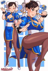  absurdres artist_name ass bracelet breasts brown_hair chinese_clothes chun-li cleavage double_bun earrings female hair_bun high_heels highres jewelry lips medium_breasts pantyhose pelvic_curtain puffy_short_sleeves puffy_sleeves sarukaiwolf short_sleeves smile solo spiked_bracelet spikes street_fighter 