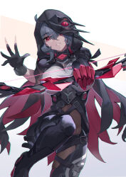  asc11 asymmetrical_hair black_bodysuit black_cloak black_footwear black_gloves black_hoodie bodysuit boots bow_(weapon) breasts cloak female gloves grey_hair highres holding holding_bow_(weapon) holding_weapon honkai_(series) honkai_impact_3rd hood hoodie large_breasts looking_at_viewer parted_lips raven_(honkai_impact) red_eyes red_gloves short_hair solo two-tone_background weapon 