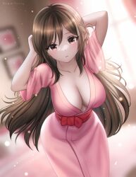  arms_up blurry blurry_background breasts brown_eyes brown_hair cleavage cowboy_shot female gigamessy highres indoors japanese_clothes kanojo_okarishimasu kimono large_breasts long_hair looking_at_viewer mizuhara_chizuru pink_kimono red_sash sash short_sleeves solo standing very_long_hair 