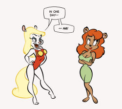  animaniacs anthro ass barefoot bear big_breasts big_butt blonde_hair breasts cleavage clothed clothing crossed_arms duo feet female hair half-closed_eyes hands_on_hips julie_bruin lips lipstick looking_up makeup mammal minerva_mink mink mustelid musteline narrowed_eyes one-piece_swimsuit open_mouth open_smile red_clothing red_hair red_lips red_lipstick red_swimwear smile stanmort swimwear thick_thighs tiny_toon_adventures tippy_toes tiptoes toes true_musteline warner_brothers wide_hips 