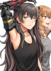  2girls arm_above_head arm_up armpits black_camisole brown_hair camisole flat_chest girls&#039;_frontline grey_shirt halterneck highres long_hair looking_at_viewer mechanical_arms multiple_girls one_eye_closed red_eyes scar scar_across_eye shirt single_mechanical_arm smile springveiv ump45_(girls&#039;_frontline) ump45_(mod3)_(girls&#039;_frontline) ump9_(girls&#039;_frontline) yellow_eyes 