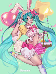  animal_costume animal_ears aqua_background aqua_eyes aqua_hair basket bloomers commentary detached_sleeves easter easter_egg egg english_commentary fake_animal_ears female frills gloves hatsune_miku highres holding holding_basket long_hair looking_at_viewer midriff navel official_alternate_costume rabbit_costume rabbit_ears simple_background solo standing standing_on_one_leg strapless tamakid tube_top twintails very_long_hair vocaloid 