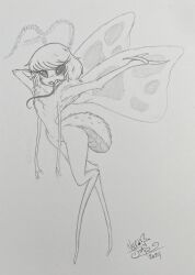  2024 3_fingers 4_arms absurd_res antennae_(anatomy) anthro arthropod arthropod_abdomen black_eyes digitigrade empty_eyes featureless_crotch female fingers greyscale hand_behind_head hi_res insect_wings insects lepidopteran monochrome moth multi_arm multi_limb neck_tuft nekostar proboscis_(anatomy) signature simple_background solo traditional_media_(artwork) tuft walking white_background wings 