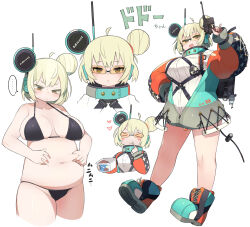  &gt;_&lt; ... absurdres ahoge aqua_footwear belly_grab bikini blonde_hair blush boots breasts breasts_apart buttons close-up closed_mouth collarbone commentary_request cropped_legs cropped_torso eating female food glasses gun hair_bun handgun heart highres holding holding_gun holding_weapon ice_cream kometsubu large_breasts long_sleeves looking_down multiple_views navel open_mouth original parted_lips plump rimless_eyewear simple_background single_hair_bun speech_bubble spoken_ellipsis straight-on string_bikini sweat swimsuit thick_thighs thighs translation_request weapon weight_conscious white_background yellow_eyes 