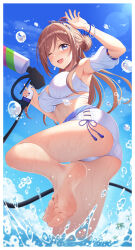  armpits ass bare_arms bare_legs bare_shoulders barefoot bikini blue_eyes breasts brown_hair dasoey feet female gakuen_idolmaster hair_bun highres himesaki_rinami idolmaster long_hair looking_at_viewer one_eye_closed open_mouth soles swimsuit underwear water wet white_bikini 