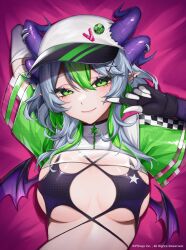  apricot_the_lich black_gloves breasts closed_mouth demon_girl demon_horns demon_wings earrings female gloves green_eyes green_hair grey_hair hair_between_eyes highres horns jewelry looking_at_viewer medium_breasts medium_hair multiple_horns pointy_ears purple_horns purple_wings smile solo upper_body virtual_youtuber vshojo wings yoclesh 