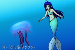  3:2 accessory ahoge bandeau blue_background blue_body blue_eyes blue_hair blue_scales bracelet clothing cnidarian ear_fins english_text female feral fin gradient_background hair hair_accessory hairpin humanoid japanese_text jellyfish jewelry katakana light_body light_skin long_hair marine medusozoan merfolk mermaid_tail necklace purple_tentacles scales sea sidelocks simple_background sinktember sinktember_2024 solo split_form tentacle text topwear underwater uwdennis waist_accessory water 