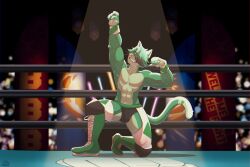  anthro bigbustb black_hair boots clothing detailed_background domestic_cat felid feline felis fighting_ring footwear fur green_body green_fur green_hair hair hi_res male mammal muscular muscular_male pose ring shoes smile solo teeth teeth_showing underwear wrestling 