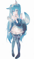  absurdres animal_ears apron arm_tattoo back_bow black_footwear black_skirt black_sleeves blue_eyes blue_hair blue_necktie blue_trim blush boots bow collared_shirt female fox_ears fox_tail full_body grey_background hair_between_eyes hand_on_own_chest hatsune_miku highres long_hair maid maid_headdress mihoranran necktie number_tattoo oerba_yun_fang parted_lips pigeon-toed pleated_skirt shirt simple_background skirt sleeveless sleeveless_shirt solo standing strap_slip tail tail_under_clothes tattoo thigh_boots twintails very_long_hair vocaloid white_apron white_bow white_shirt 