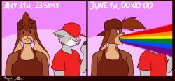  2023 ambiguous_gender ambiguous_species anarcho-bunnyist anthro backwards_baseball_cap backwards_hat baseball_cap brown_clothing brown_shirt brown_tank_top brown_topwear canid canine canis cellphone clothing drugs duo electronics hat headgear headwear hi_res holding_object holding_phone iggys_the_bunnytaur lagomorph lagomorph_taur leporid leporid_taur lgbt_pride lgbt_pride_month looking_at_object looking_at_phone male mammal mammal_taur marijuana marijuana_blunt nonbinary_(lore) phone rabbit rabbit_taur red_clothing red_hat red_headwear red_shirt red_topwear shirt t-shirt tank_top taur technicolor_yawn topwear vomiting 