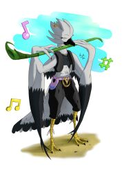  absurd_res alpha_channel anthro avian bird black_body black_feathers claws clothing feathers female flute gold_(metal) happy hi_res musical_instrument solo white_body white_feathers wind_instrument woodwind_instrument youmadsin 