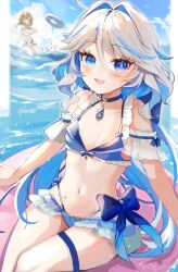  :d absurdres bare_shoulders bikini blue_bikini blue_bow blue_choker blue_eyes blue_gemstone blue_hair blue_panties blue_pupils blue_sky blush bow breasts choker cloud commentary_request day drop-shaped_pupils feet_out_of_frame female furina_(genshin_impact) gem genshin_impact hair_between_eyes heterochromia highres ichiyume_ichiyu light_blue_hair long_hair looking_at_viewer lumine_(genshin_impact) multicolored_hair navel on_innertube open_mouth outdoors panties pink_innertube simple_bird sky small_breasts smile solo_focus stomach swimsuit symbol-shaped_pupils thigh_strap twitter_username underwear very_long_hair water wet white_hair 