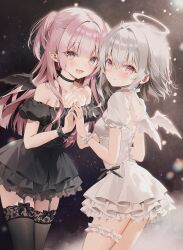  2girls back black_choker black_dress black_thighhighs black_wings blurry blush bokeh bow_legwear breasts choker cleavage commentary dark_background depth_of_field dress frown garter_straps halo highres holding_hands light_particles long_hair looking_at_viewer medium_hair mole mole_under_eye multiple_girls oerba_yun_fang off-shoulder_dress off_shoulder original pink_eyes pink_hair pointy_ears red_eyes short_dress short_sleeves small_breasts smile symbol-only_commentary tears thigh_strap thighhighs thighs two_side_up weri white_dress white_hair white_wings wings wrist_cuffs 