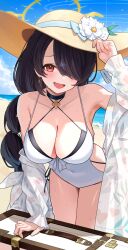  arm_support bent_over black_choker black_hair blue_archive blush breasts choker cleavage female hair_over_one_eye halo hat highres hinata_(blue_archive) hinata_(swimsuit)_(blue_archive) kokoa_of large_breasts long_hair looking_at_viewer one-piece_swimsuit open_mouth outdoors red_eyes smile solo swimsuit white_one-piece_swimsuit 