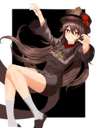  bike_shorts blush breasts brown_coat brown_hair brown_hat brown_shorts coat collared_coat commentary_request female flower-shaped_pupils genshin_impact grin hat highres hu_tao_(genshin_impact) long_hair long_sleeves oekakikujira outstretched_arms red_eyes red_shirt shirt shoes short_shorts shorts small_breasts smile socks solo symbol-shaped_pupils tailcoat white_socks 