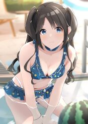  asymmetrical_bangs ball beachball bikini black_hair blue_bikini blue_choker blue_eyes blush breasts choker cleavage curly_hair female floral_print hand_between_thighs highres idolmaster idolmaster_shiny_colors kneeling layered_bikini leaning_forward light_smile long_hair mitsumine_yuika multicolored_bikini multicolored_clothes official_alternate_costume official_alternate_hairstyle pool small_breasts solo swimsuit tukikataumemo twintails wading watermelon_beachball 