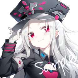  :3 armband artist_request badge black_hat black_wrist_cuffs breasts character_request cleavage cleavage_cutout closed_mouth clothing_cutout collared_jacket copyright_request eyelashes eyes_visible_through_hair female gloves hand_on_headwear hat jacket light_blush long_hair long_sleeves looking_at_viewer peaked_cap pink_shirt red_eyes sample_watermark shirt simple_background small_breasts smile solo source_request striped_clothes striped_wrist_cuffs third-party_source upper_body watermark white_armband white_background white_gloves white_hair wrist_cuffs 