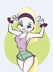  animaniacs anthro bandanna_on_forehead big_breasts blonde_hair bottomwear breasts cleavage clothed clothing female hair half-closed_eyes hotpants long_hair looking_at_viewer mammal minerva_mink mink mustelid musteline narrowed_eyes no_bra shirt shorts smile smiling_at_viewer solo stanmort tank_top thick_thighs topwear true_musteline warner_brothers wide_hips 