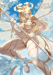  absurdres animal_ear_fluff animal_ears barefoot blonde_hair breasts cat_ears cat_tail colored_skin commission facial_mark female halo highres holding_trident insect_wings long_hair looking_at_viewer medium_breasts monster_girl original polearm skeb_commission solo sumosamo tail trident water weapon white_skin wings yellow_eyes 