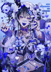  +_+ :3 aegyo_sal animal_ear_hairband animal_ears bandaid bandaid_on_face bandaid_on_nose bare_shoulders black_bow black_camisole black_hair blue_background blue_bow blue_collar blue_eyes blue_nails blue_theme blue_tongue bow braid camisole chest_tattoo collar collarbone colored_tongue fake_animal_ears fangs female finger_to_cheek frilled_camisole frilled_hairband frills gauze hair_between_eyes hair_ornament hairband hairclip half-closed_eyes hands_up heart heart_hair_ornament highres jacket jacket_partially_removed jewelry kuroume_(aihikarikuroume24) long_hair long_sleeves looking_at_viewer midriff multicolored_hair multiple_braids nail_polish navel o-ring_collar open_clothes open_jacket open_mouth original puffy_long_sleeves puffy_sleeves rabbit_ear_hairband rabbit_ears ring simple_background sleeve_bow sleeves_past_wrists solo streaked_hair stuffed_animal stuffed_rabbit stuffed_toy tattoo teddy_bear tongue two-sided_fabric two-tone_hair upper_body very_long_hair w white_bow white_hair white_hairband white_jacket wing_hair_ornament 