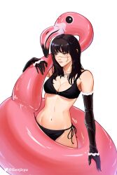  bikini black_bikini black_hair breasts chainsaw_man cleavage cleavage_cutout clothing_cutout elbow_gloves female genjiruu gloves highres holding holding_swim_ring inflatable_flamingo innertube jewelry long_hair long_sleeves medium_breasts medium_hair multiple_scars necklace orange_eyes panties scar side-tie_panties simple_background swim_ring swimsuit twitter_username underwear white_background yoru_(chainsaw_man) 