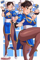  absurdres artist_name bracelet breasts brown_hair chinese_clothes chun-li cleavage double_bun earrings female hair_bun high_heels highres jewelry lips medium_breasts pantyhose pelvic_curtain puffy_short_sleeves puffy_sleeves sarukaiwolf short_sleeves smile solo spiked_bracelet spikes street_fighter 