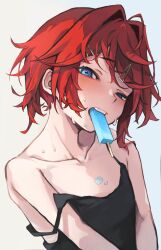  absurdres ahoge akechi_(akechi_5416) ange_katrina black_camisole blue_eyes blush camisole collarbone female food food_in_mouth food_on_body food_on_breasts hair_intakes hair_ornament hairclip head_tilt highres looking_at_viewer medium_hair messy_hair nijisanji popsicle red_hair solo sweat virtual_youtuber white_background 