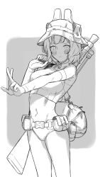  animal_ears bag belt belt_pouch bikini blue_archive blush breasts bucket_hat closed_mouth cowboy_shot duffel_bag fake_animal_ears female greyscale gun hat highres holding holding_gun holding_weapon light_machine_gun looking_at_viewer machine_gun monochrome navel oekakikujira outstretched_arm pouch rabbit_ears rash_guard saki_(blue_archive) saki_(swimsuit)_(blue_archive) short_hair small_breasts smile solo standing swimsuit v weapon 