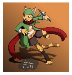  accessory action_pose agata_(arc_rose) anthro arc_rose bomb border bottomwear clothed clothing coat cosplay dagger digital_drawing_(artwork) digital_media_(artwork) domestic_cat explosives felid feline felis female final_fantasy final_fantasy_tactics final_fantasy_tactics_a2:_grimoire_of_the_rift final_fantasy_tactics_advance_2 hatching headband headgear hi_res mammal markings melee_weapon pose scarf shirt shorts smile square_enix thief topwear weapon whiskers white_border 