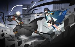  1boy black_hair black_jacket black_pants blue_hair breasts character_request cleavage colored_inner_hair copyright_request dress female fighting_stance highres holding holding_sword holding_weapon jacket long_hair mechanical_arms multicolored_hair no_panties pants punishing:_gray_raven purple_eyes razgriz00169 selena:_capriccio_(punishing:_gray_raven) selena_(punishing:_gray_raven) shirt short_hair single_mechanical_arm sword very_long_hair weapon white_dress white_hair white_shirt 