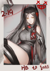  absurdres arknights bare_shoulders belt belt_buckle black_belt black_hair black_horns black_socks border buckle chest_belt chinese_commentary commentary dress female grey_border grey_dress happy_birthday high_belt highres horns ines_(arknights) kneehighs long_hair long_sleeves looking_at_viewer making-of_available parted_bangs parted_lips red_horns short_dress sidelocks sitting socks solo yellow_eyes yiyanbanshengchou 