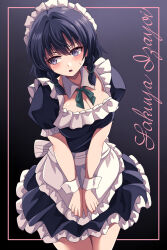  absurdres alternate_hair_color apron black_hair blush braid breasts character_name cleavage commentary_request dress english_text female happy_ginko highres izayoi_sakuya long_hair maid maid_headdress open_mouth solo sweatdrop touhou twin_braids waist_apron wrist_cuffs 