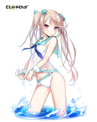  &gt;:( alternate_hair_color aqua_bow aqua_sailor_collar bare_shoulders bikini bikini_bottom_only blue_neckerchief bow breasts brown_hair closed_mouth closers copyright_name cowboy_shot female groin hairbow highres logo long_hair looking_at_viewer luna_aegis_(closers) neckerchief official_art pink_eyes sailor_collar shirt sleeveless sleeveless_shirt small_breasts solo swimsuit twintails v-shaped_eyebrows variant_set wading water wet wet_clothes wet_shirt white_background white_bikini white_shirt white_wrist_cuffs wringing_clothes wrist_cuffs 