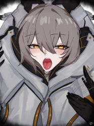  1other ahe_gao armor arnkun between_thighs black_gloves brown_hair commentary double-parted_bangs english_commentary female gloves hair_between_eyes half-closed_eyes highres honkai:_star_rail honkai_(series) looking_at_viewer motion_lines open_mouth saliva saliva_trail sam_(honkai:_star_rail) scissorhold signature stelle_(honkai:_star_rail) sweat tap_out thick_thighs thighs tongue tongue_out trailblazer_(honkai:_star_rail) vignetting yellow_eyes 