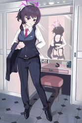  absurdres arm_behind_back ass black_bra black_footwear black_hair black_panties black_pants black_vest blue_archive bra closed_mouth collared_shirt female full_body halo haruka_(blue_archive) haruka_(suit)_(blue_archive) highres holding holding_unworn_clothes indoors jambaeng long_sleeves mirror necktie panties pants purple_eyes purple_halo red_necktie reflection shirt solo standing stool suit underwear vest white_background 