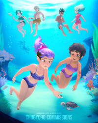  2boys 4girls air_bubble amity_blight barefoot bikini black_hair black_nails blue_bikini blue_male_swimwear breasts bubble chubycho cleavage clownfish coral dreadlocks fish green_bikini grey_hair gus_porter highres hunter_(the_owl_house) long_hair luz_noceda male_swimwear multiple_boys multiple_girls navel one-piece_swimsuit parted_lips pointy_ears ponytail print_bikini purple_bikini purple_hair red_one-piece_swimsuit seahorse short_hair smile submerged swimsuit tattoo the_owl_house topless_male turtle underwater vee_(the_owl_house) wide_shot willow_park yellow_male_swimwear 