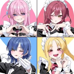  4-finger_heart_hands 4girls black_dress black_jacket blonde_hair blue_eyes blue_hair blush bocchi_the_rock! bow bowtie breasts butler chigusa_minori cleavage collared_shirt cube_hair_ornament dress dress_shirt food food_on_face gloves gotoh_hitori hair_between_eyes hair_ornament hairclip hand_up heart heart_hands highres ijichi_nijika jacket kita_ikuyo licking_lips long_hair long_sleeves looking_at_viewer maid maid_headdress mole mole_under_eye multiple_girls nervous_sweating one_eye_closed one_side_up open_mouth parted_bangs pink_hair polka_dot_bowtie red_bow red_bowtie red_eyes red_hair shirt short_hair side_ponytail sidelocks sweat tongue tongue_out twitter_username upper_body white_gloves white_shirt white_wrist_cuffs wrist_cuffs yamada_ryo yellow_eyes 