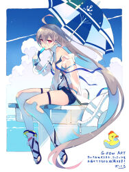  ahoge anklet aqua_bikini artist_name bikini blue_sky blue_umbrella breasts cloud commentary_request contrail crossed_bangs da-kuro eating female food from_side full_body grey_hair hair_between_eyes highres holding holding_food holding_popsicle hunched_over jewelry laevateinn_(phantom_of_the_kill) long_hair looking_at_viewer medium_breasts navel no_socks ocean official_art open_mouth outdoors parasol phantom_of_the_kill popsicle rubber_duck sandals short_shorts shorts sitting sky sleeves_past_fingers sleeves_past_wrists solo swimsuit two-tone_bikini two-tone_umbrella umbrella very_long_hair white_bikini white_innertube white_umbrella 