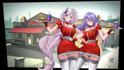  2girls artist_logo black_gloves breasts bright_pupils burger cleavage colored_inner_hair cup disposable_cup dress food gloves grand_theft_auto grand_theft_auto_v green_eyes grey_hair highres hololive hololive_indonesia landacdeus large_breasts long_hair moona_hoshinova multicolored_hair multiple_girls one_eye_closed parody pavolia_reine purple_eyes purple_hair red_dress side_ponytail thighhighs tray very_long_hair virtual_youtuber white_pupils white_thighhighs 