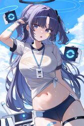  absurdres artist_name bandaid bandaid_on_arm black_halo blue_archive blue_buruma blue_sky breasts buruma cowboy_shot drone female halo highres id_card kkato long_hair looking_at_viewer medium_breasts millennium_science_school_logo navel official_alternate_costume parted_lips purple_eyes purple_hair shirt sky solo stomach sweat teeth thigh_strap thighs tied_shirt two_side_up upper_teeth_only wet wet_clothes wet_shirt white_shirt yuuka_(blue_archive) yuuka_(track)_(blue_archive) 