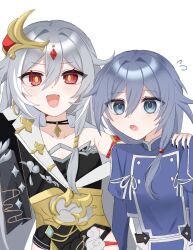  2girls :d black_dress blue_eyes blue_jacket blush breasts cleavage collarbone commentary_request dress fu_hua fu_hua_(herrscher_of_sentience) fu_hua_(valkyrie_accipiter) grey_hair hair_between_eyes hand_on_another&#039;s_shoulder highres honkai_(series) honkai_impact_3rd jacket long_hair looking_at_viewer multicolored_hair multiple_girls red_eyes simple_background small_breasts smile streaked_hair v-shaped_eyebrows white_background white_hair xtx_mercury 