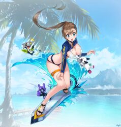  3others :o bikini blue_bikini blue_eyes brown_hair female full_body hair_between_eyes hair_ornament hairpin long_hair multiple_others no_socks ocean official_alternate_costume official_art outdoors phantom_of_the_kill ponytail sandals second-party_source solomon_(phantom_of_the_kill) surfing swimsuit to_maru white_bikini 